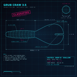 Blueprint drawing of the VOJTECH 3.5 inch grub craw, Drop 01 Shallow, colorway classified