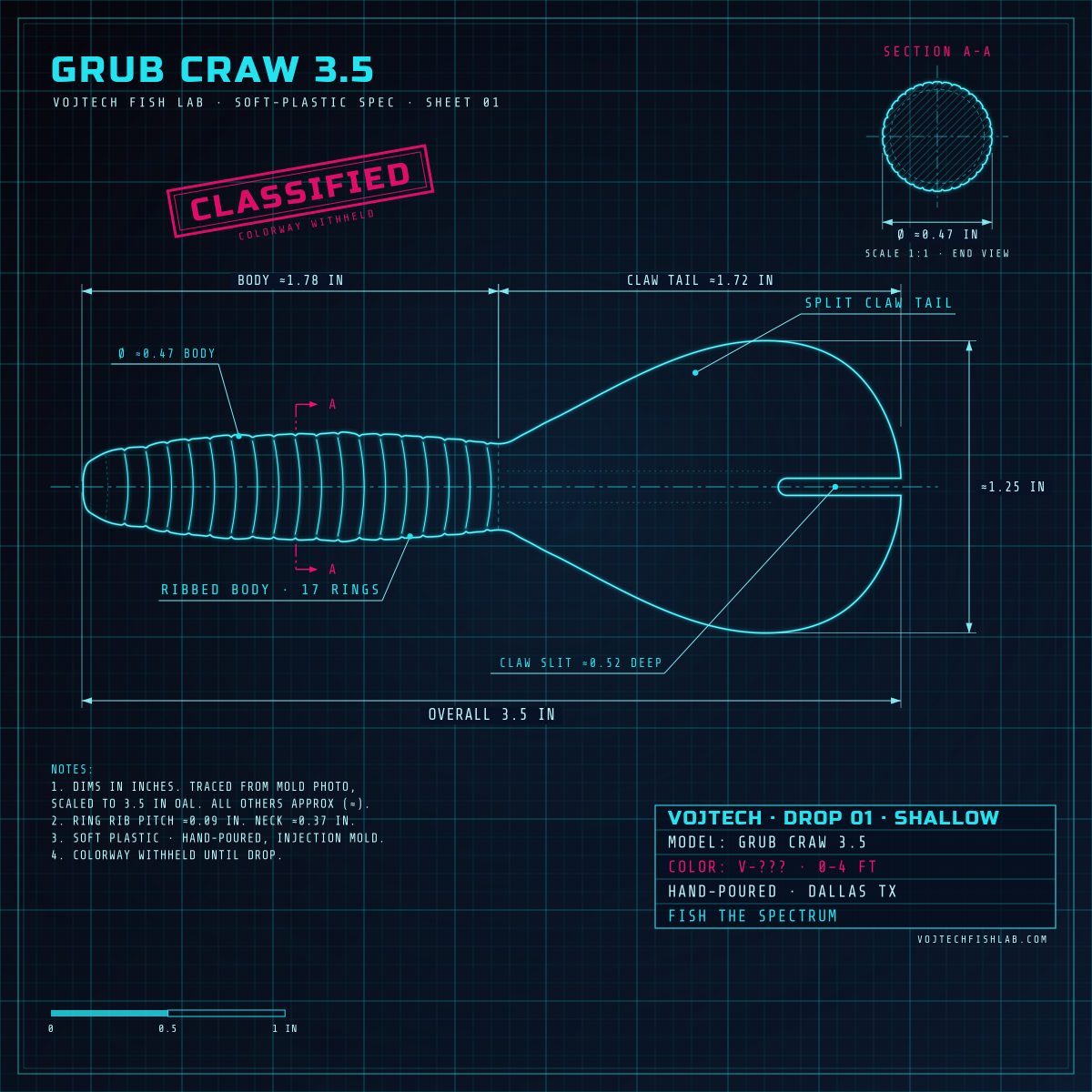 Blueprint drawing of the VOJTECH 3.5 inch grub craw, Drop 01 Shallow, colorway classified