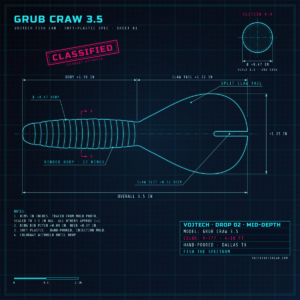 Blueprint drawing of the VOJTECH 3.5 inch grub craw, Drop 02 Mid-Depth, colorway classified